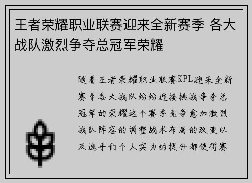 王者荣耀职业联赛迎来全新赛季 各大战队激烈争夺总冠军荣耀